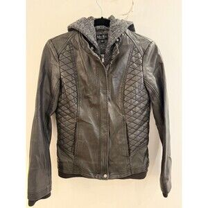 Mo-Ka Charcoal Faux Leather Double Zip Quilted Hooded Moto Jacket Size XS